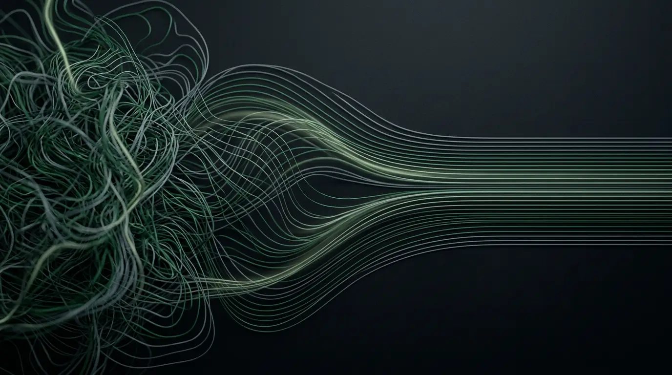 Abstract forest-green filaments resolving from a dense tangle into ordered parallel currents